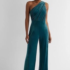 Express Teal Green One-Shoulder Velvet Jumpsuit